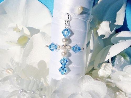 Swarovski Crystal Aquamarine Cross – Something Blue Charm for Bride’s Wedding Bouquet