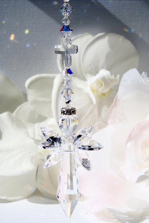 Angel with Cross Car Charm – Crystal Guardian Angel Rear View Mirror Suncatcher | Sympathy Gift 
