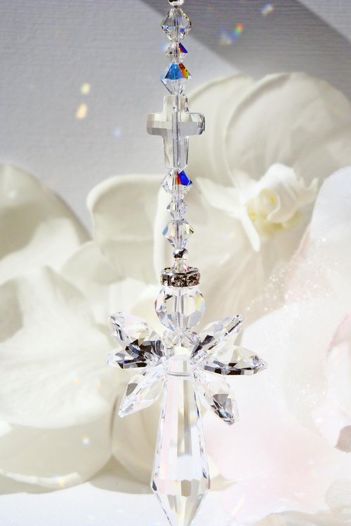 Angel with Cross Car Charm – Crystal Guardian Angel Rear View Mirror Suncatcher | Sympathy Gift 