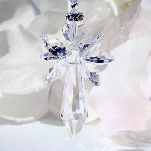 Angel with Cross Car Charm – Crystal Guardian Angel Rear View Mirror Suncatcher | Sympathy Gift 