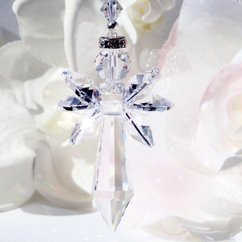 Angel with Cross Car Charm – Crystal Guardian Angel Rear View Mirror Suncatcher | Sympathy Gift 