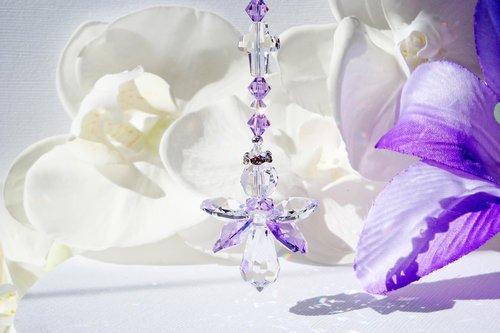 Purple Crystal Angel with Cross Rear View Mirror Charm – Car Suncatcher & Guardian Angel Sympathy Gift