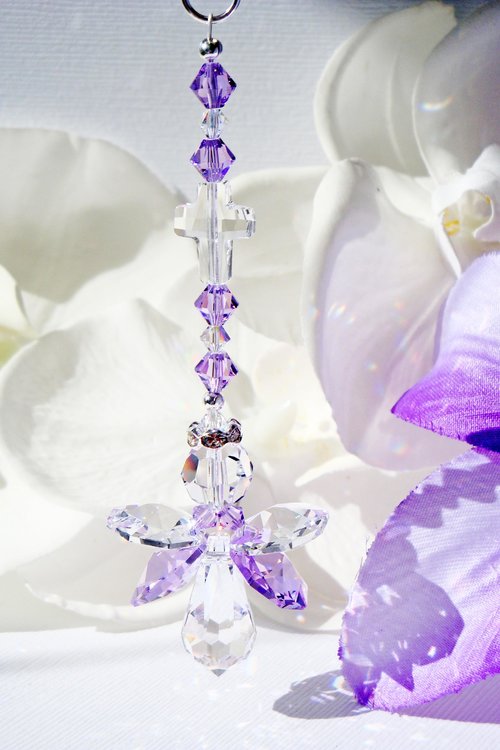Purple Crystal Angel with Cross Rear View Mirror Charm – Car Suncatcher & Guardian Angel Sympathy Gift