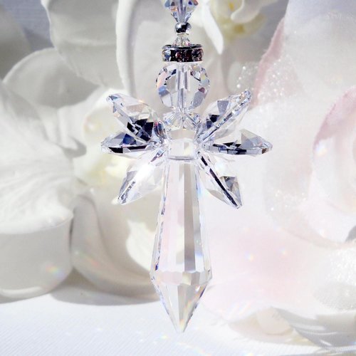 Angel with Cross Car Charm – Crystal Guardian Angel Rear View Mirror Suncatcher | Sympathy Gift 
