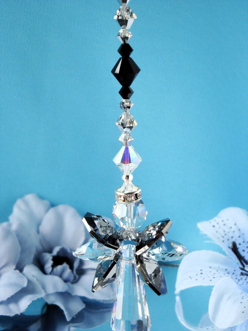Angel Rear View Mirror Charm, Black and Silver Crystal Car Charm, Guardian Angel for Car, Rearview Mirror