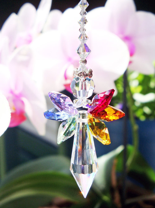 Crystal Angel Car Charm, Swarovski Crystal Rearview Mirror Charm, Chakra Rainbow Colors