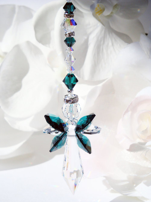 Crystal Angel Car Charm, Emerald Green Rear View Mirror Charm, Angel Suncatcher for Car