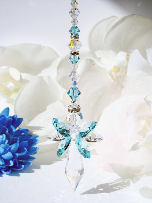 Crystal Angel Car Charm, Turquoise Blue Angel Rearview Mirror Charm, Angel Memorial Gift