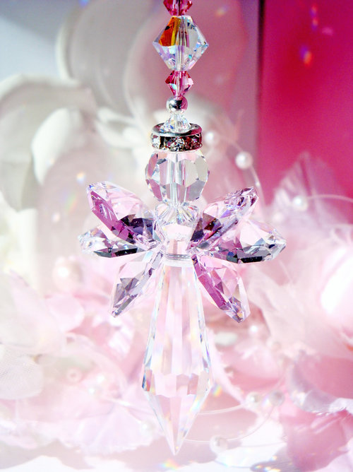 Pink Angel Rear View Mirror Car Charm, Crystal Angel Car Charm, Angel Memorial Gift