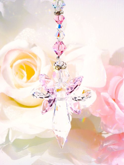 Pink Angel Rear View Mirror Charm, Crystal Guardian Angel Suncatcher Car Charm 