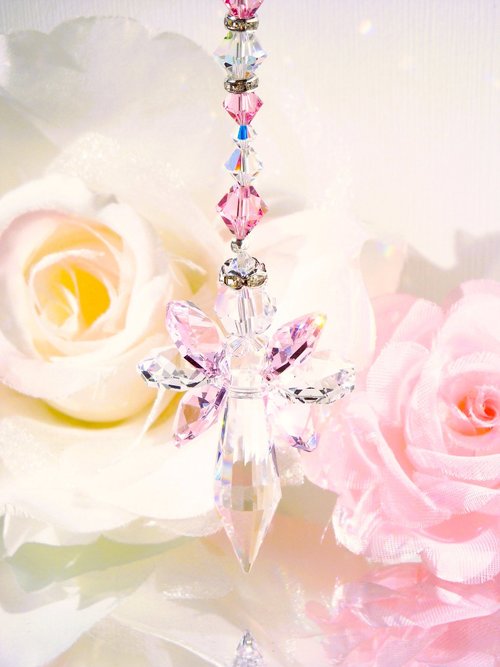Pink Angel Rear View Mirror Charm, Crystal Guardian Angel Suncatcher Car Charm 