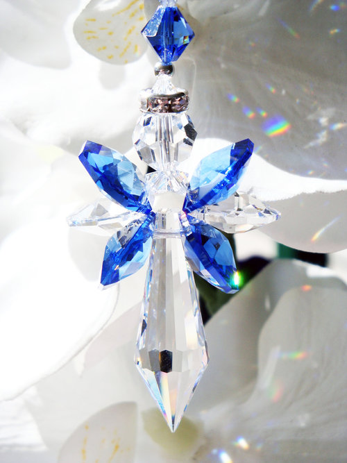Crystal Angel Rear View Mirror Charm, Sapphire Blue Crystal Angel Suncatcher for Car Rearview Mirror, Guardian Angel Memorial Gift
