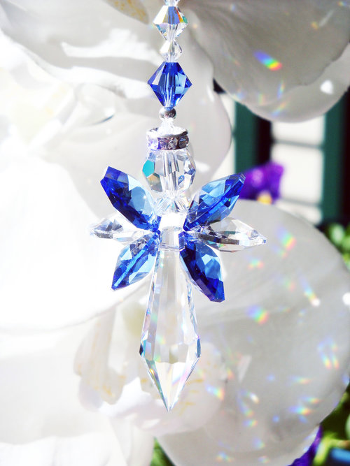 Crystal Angel Rear View Mirror Charm, Sapphire Blue Crystal Angel Suncatcher for Car Rearview Mirror, Guardian Angel Memorial Gift
