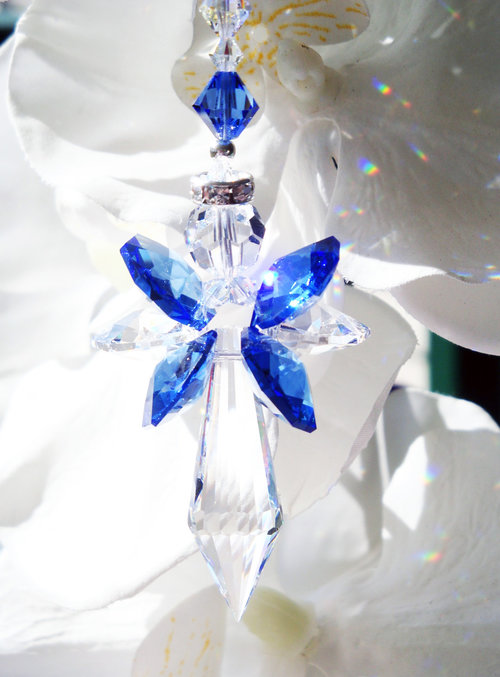 Crystal Angel Rear View Mirror Charm, Sapphire Blue Crystal Angel Suncatcher for Car Rearview Mirror, Guardian Angel Memorial Gift