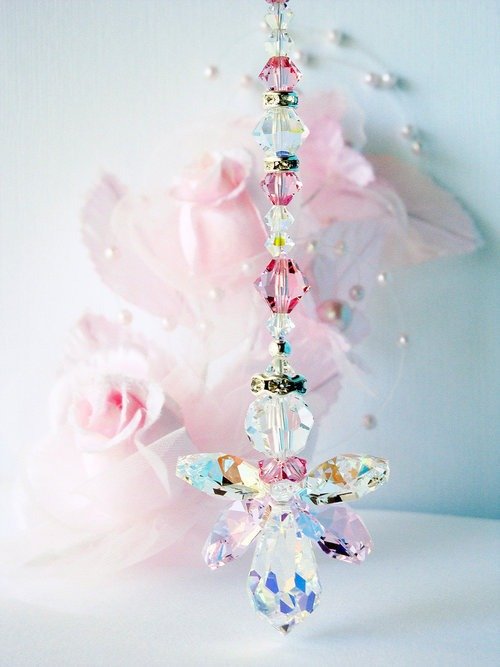 RESERVED LISTING Swarovski Light Topaz Crystal Pendulum and Light Pink Crystal Angel Car Charm