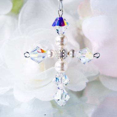 Crystal and White Pearl Cross with Angel Car Charm