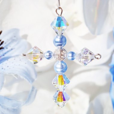 Swarovski Crystal and Blue Pearl Cross with Angel Car Charm