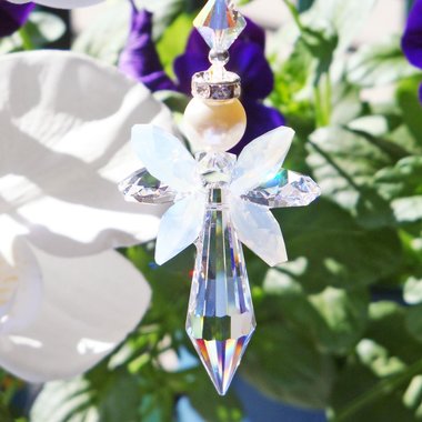 White Opal Angel Car Charm – Rear View Mirror Crystal Suncatcher | Guardian Angel Ornament & Sympathy Gift