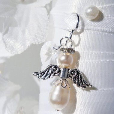 Wedding Bouquet Charm – White Swarovski Pearl Angel Charm for Bride | Bridal Memorial Keepsake Gift