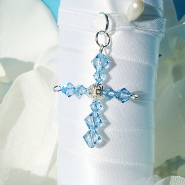 Wedding Bouquet Charm with Aquamarine Swarovski Crystal Cross – Something Blue for Bride Gift