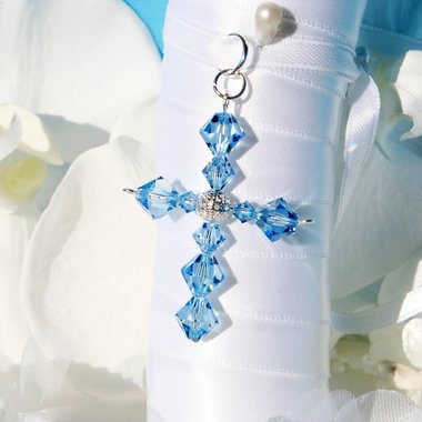 Something Blue Cross Bouquet Charm for Bride – Aquamarine Swarovski Crystal Wedding Keepsake