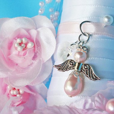 Angel Wedding Bouquet Charm – Pink Swarovski Pearl Bridal Keepsake, Angel Memorial Gift for Bride