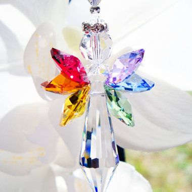 Crystal Angel Car Charm, Swarovski Crystal Rearview Mirror Charm, Chakra Rainbow Colors