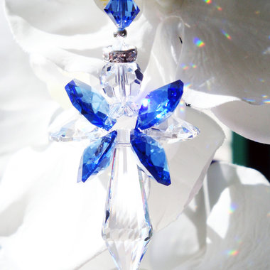 Crystal Angel Rear View Mirror Charm, Sapphire Blue Crystal Angel Suncatcher for Car Rearview Mirror, Guardian Angel Memorial Gift