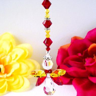 RESERVED LISTING Angel Car Charm, Red and Yellow Rear View Mirror Charm, Swarovski Crystal