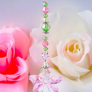 RESERVED LISTING Angel Car Charm, Light Pink and Peridot Green Rear View Mirror Charm, Swarovski Crystal