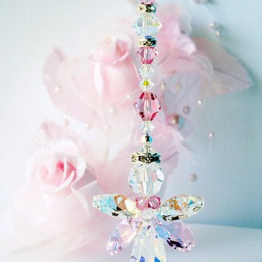 RESERVED LISTING Swarovski Light Topaz Crystal Pendulum and Light Pink Crystal Angel Car Charm